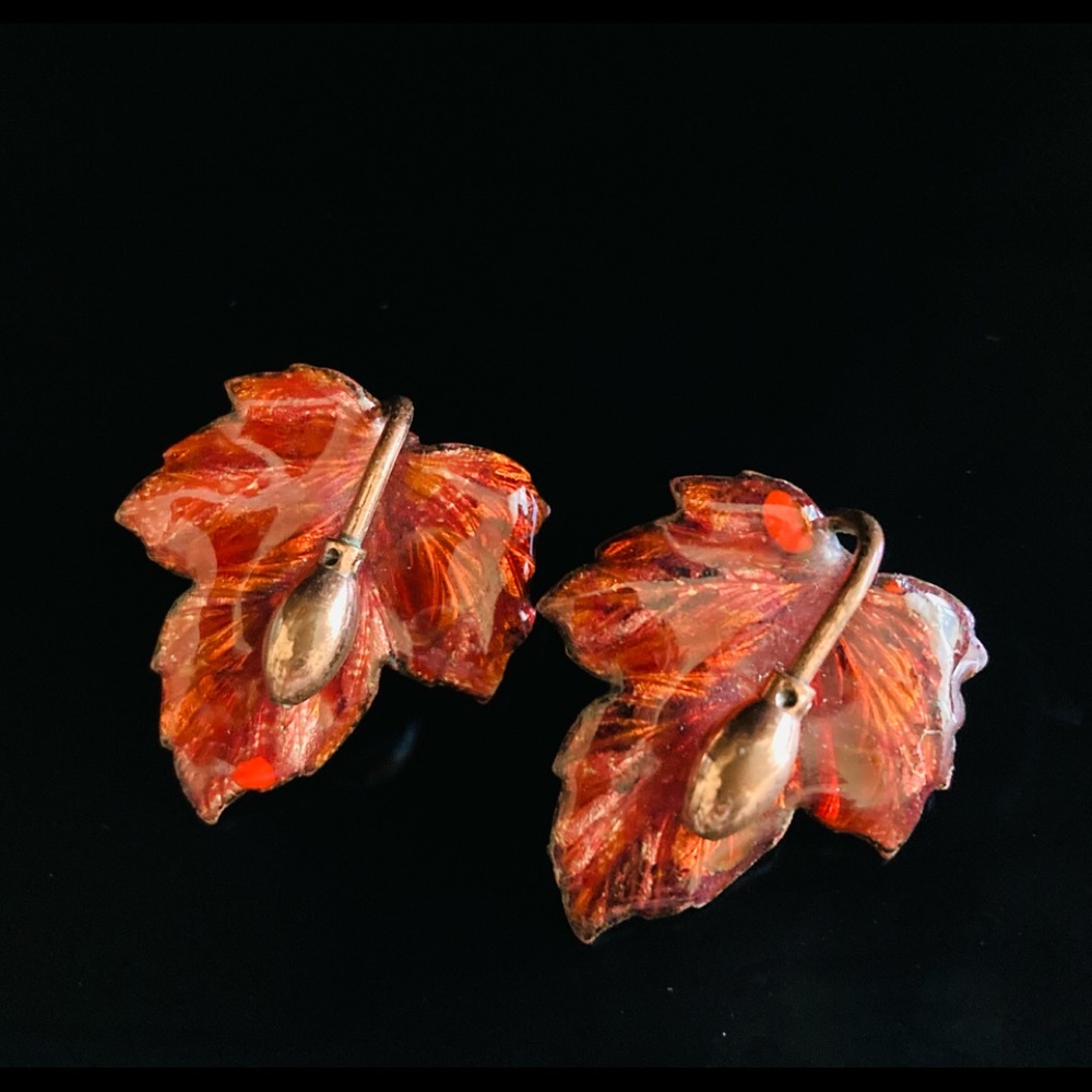 Vintage Renoir Red Enamel on Copper Autumn Leaf Clip on Earrings